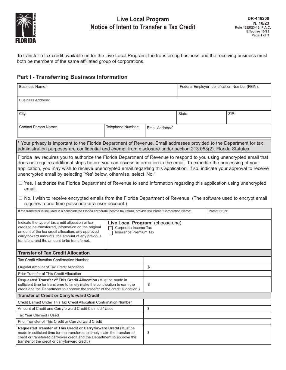 Form DR-446200 Notice of Intent to Transfer a Tax Credit - Live Local Program - Florida, Page 1