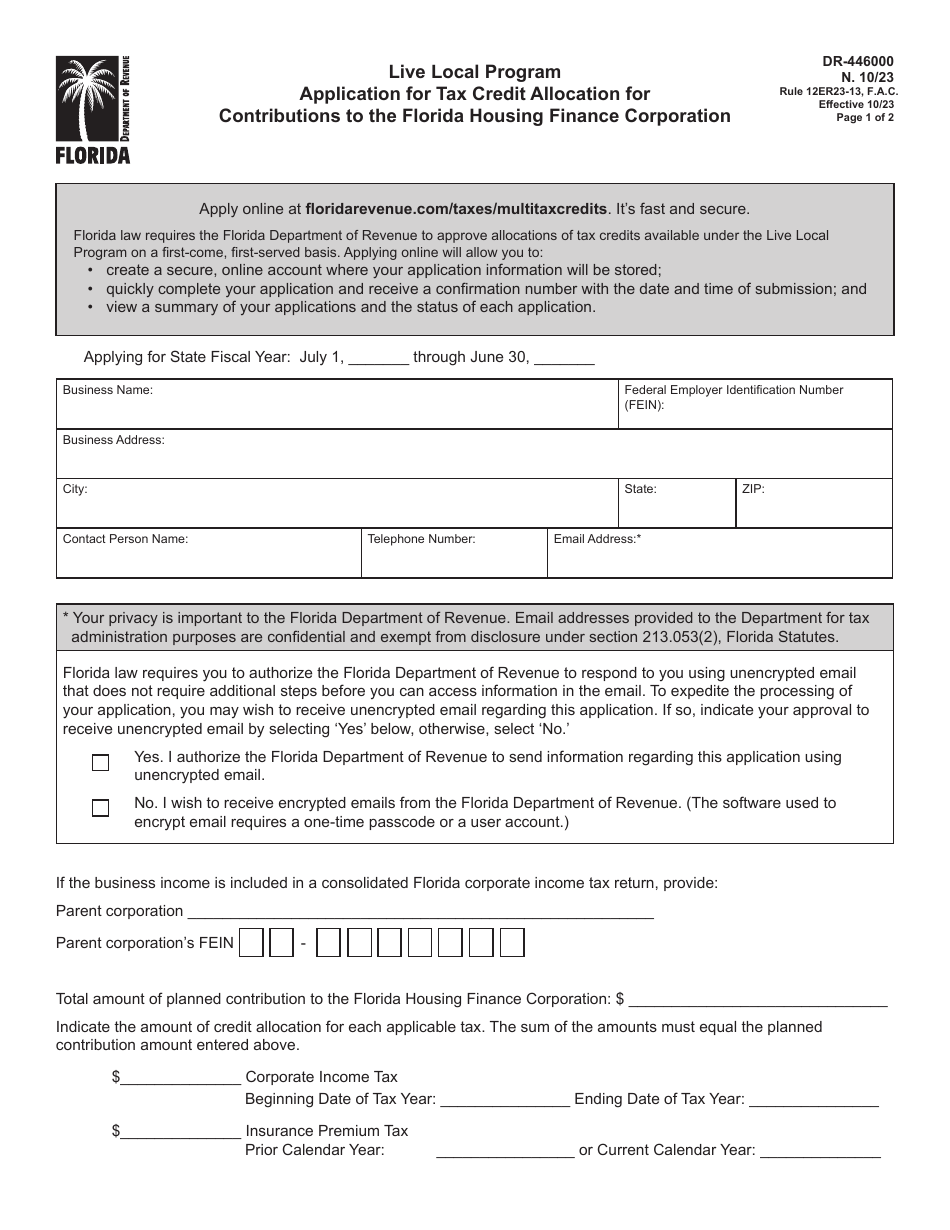 Form DR-446000 Application for Tax Credit Allocation for Contributions to the Florida Housing Finance Corporation - Live Local Program - Florida, Page 1