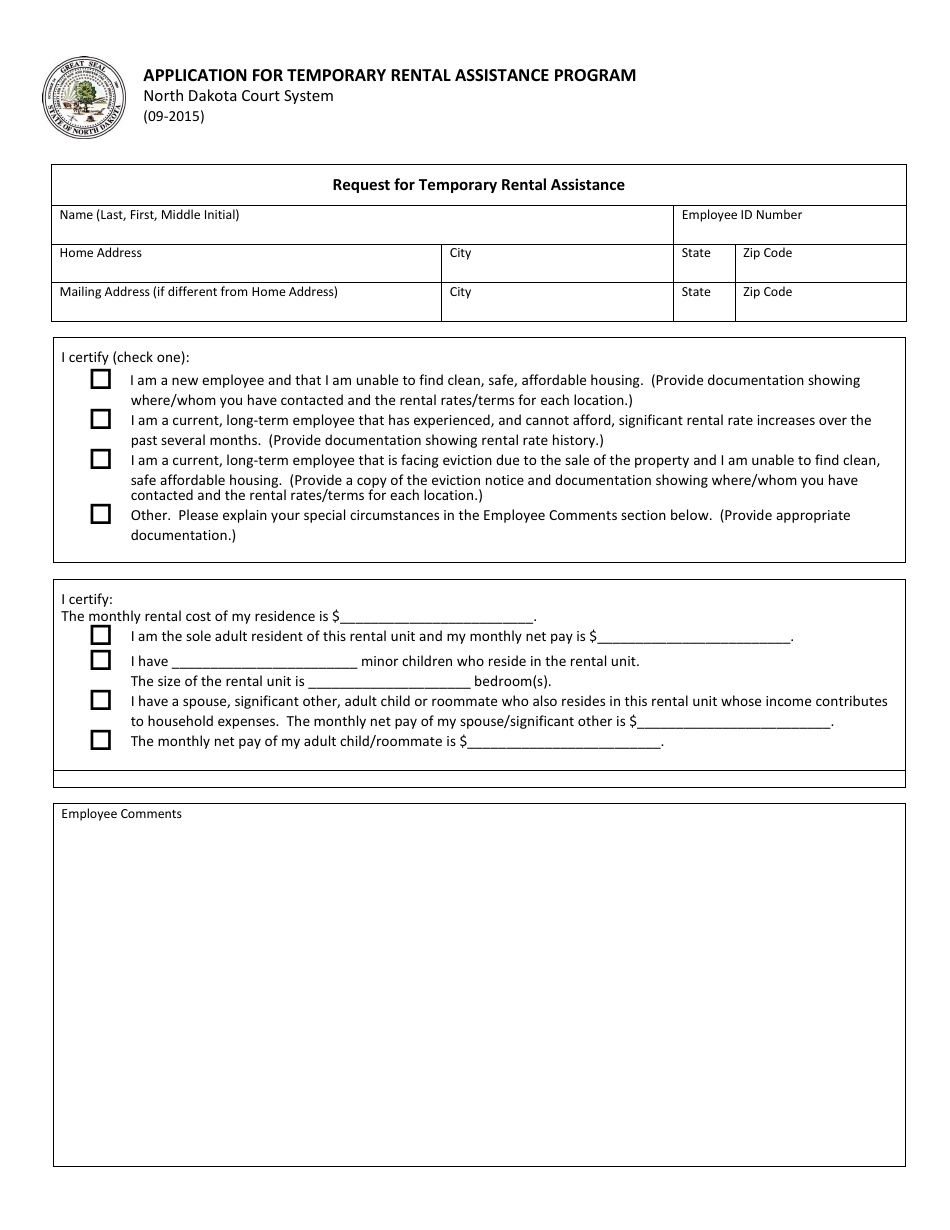 Application for Temporary Rental Assistance Program - North Dakota, Page 1
