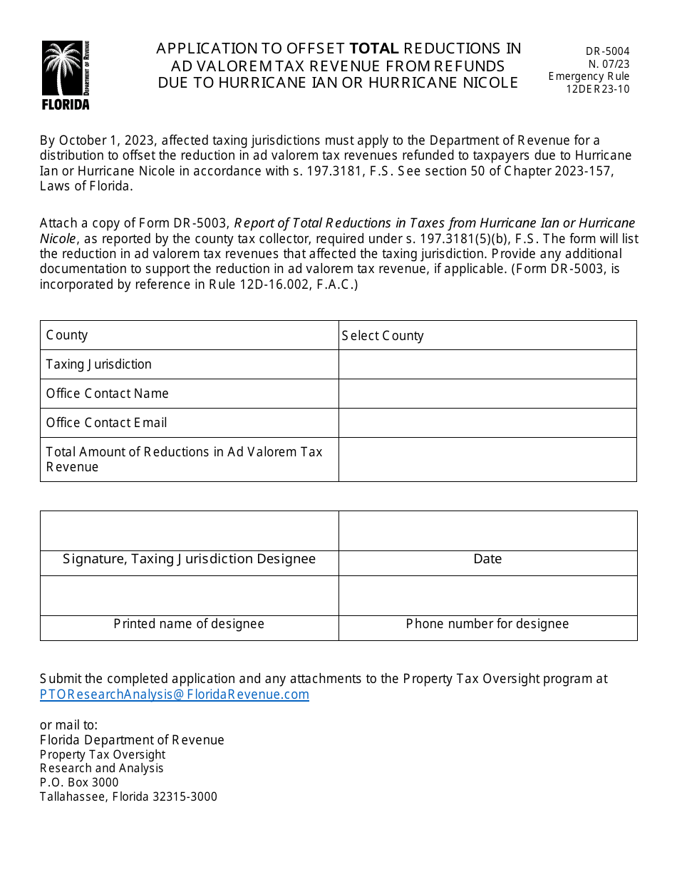 Form DR-5004 Application to Offset Total Reductions in Ad Valorem Tax Revenue From Refunds Due to Hurricane Ian or Hurricane Nicole - Florida, Page 1