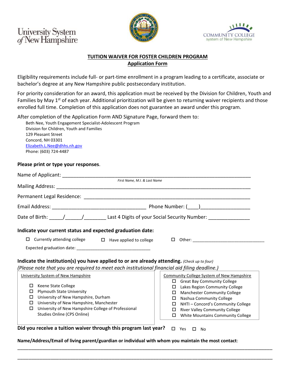 Application Form - Tuition Waiver for Foster Children Program - New Hampshire, Page 2