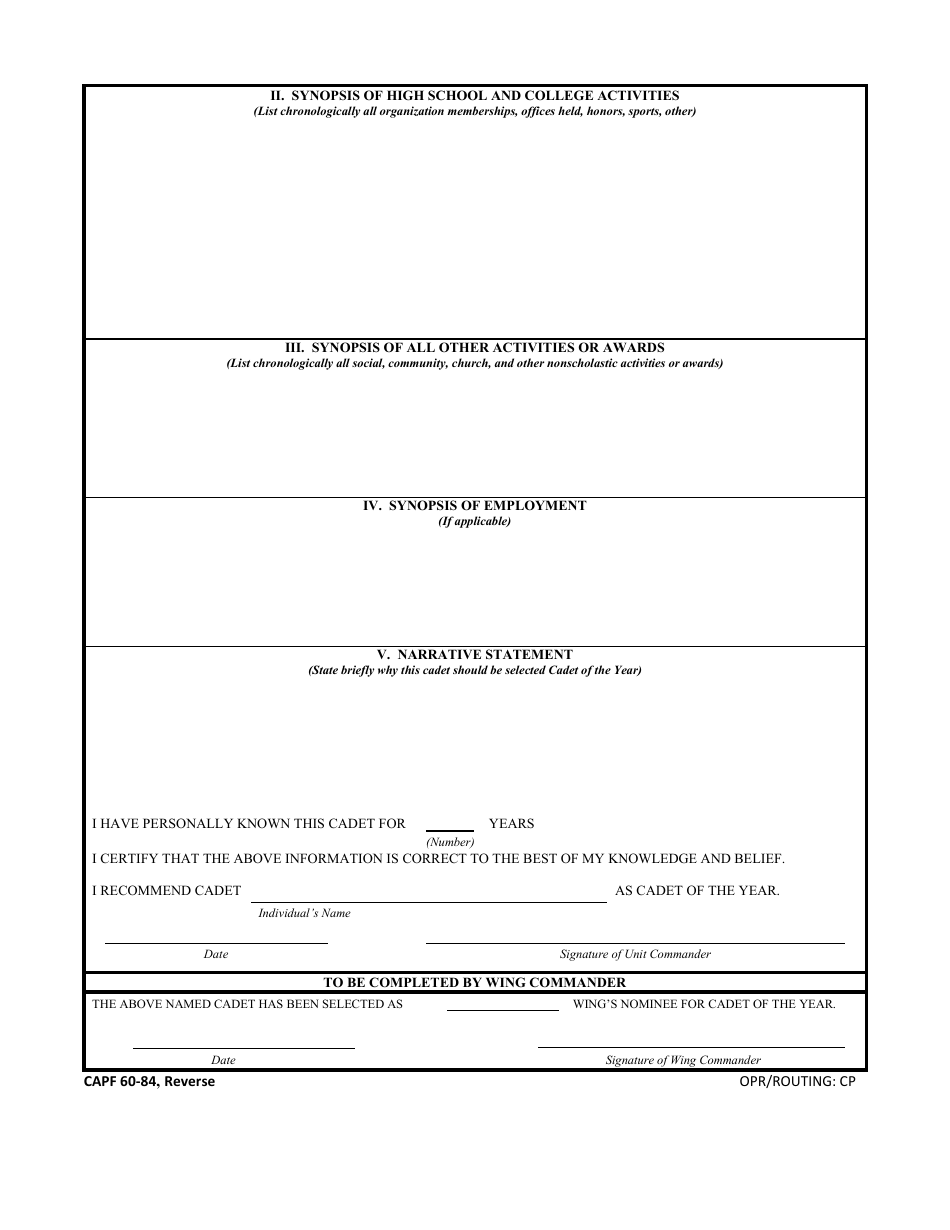Form CAPF60-84 Nomination for Cadet of the Year, Page 2