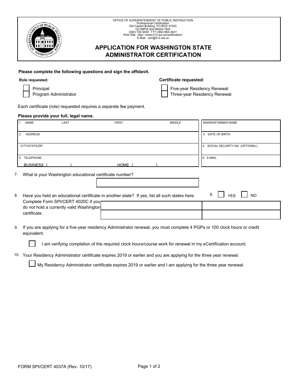 Form SPI / CERT4037A Application for Washington State Administrator Certification - Washington, Page 1
