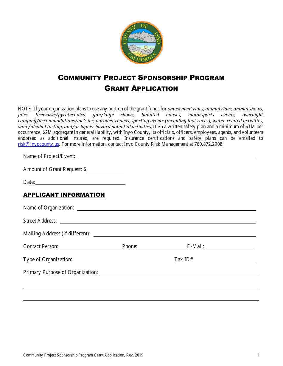 Community Project Sponsorship Program Grant Application - Inyo County, California, Page 1