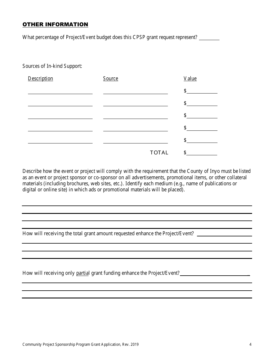 Community Project Sponsorship Program Grant Application - Inyo County, California, Page 4