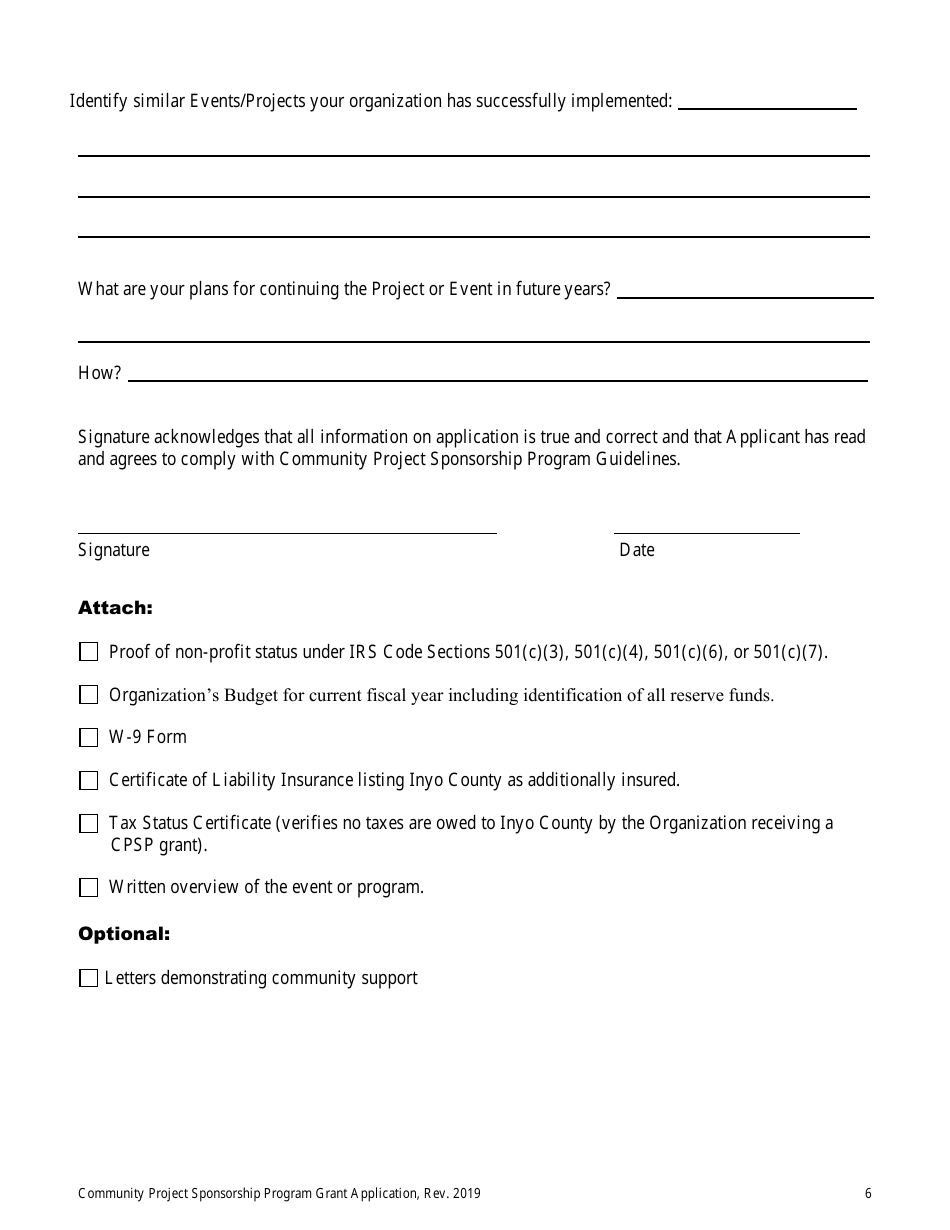 Community Project Sponsorship Program Grant Application - Inyo County, California, Page 6