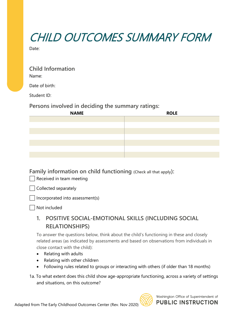 Child Outcomes Summary Form - Washington, Page 1