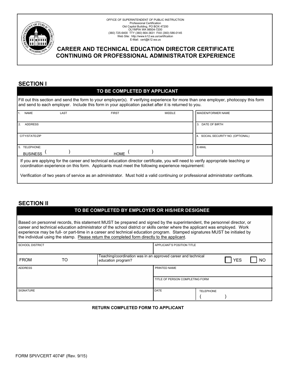 Form SPI / CERT4074F Career and Technical Education Director Certificate Continuing or Professional Administrator Experience - Washington, Page 1