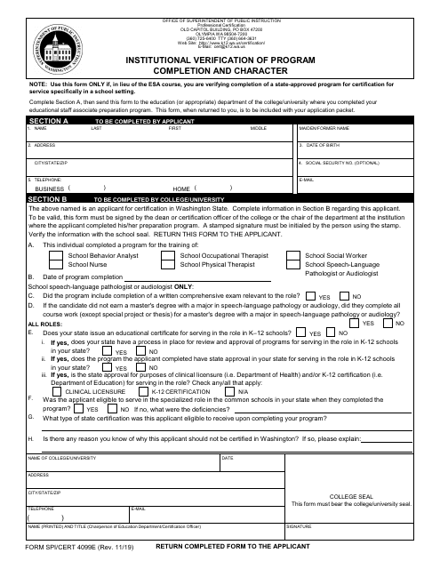 Form SPI/CERT4099E Institutional Verification of Program Completion and Character - Washington