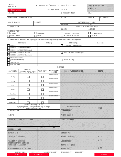 Form AO435 Transcript Order