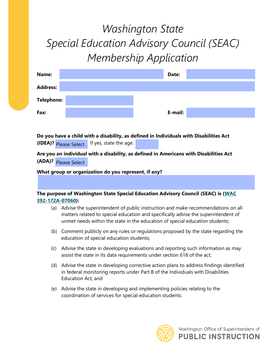 Washington State Special Education Advisory Council (Seac) Membership Application - Washington, Page 1