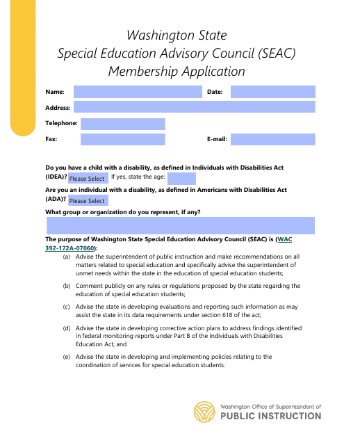 Washington State Special Education Advisory Council (Seac) Membership Application - Washington Download Pdf