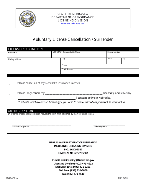 Voluntary License Cancellation/Surrender - Nebraska