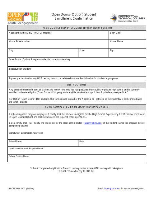Form SBCTC/HSE2000 Open Doors (Option) Student Enrollment Confirmation - Washington