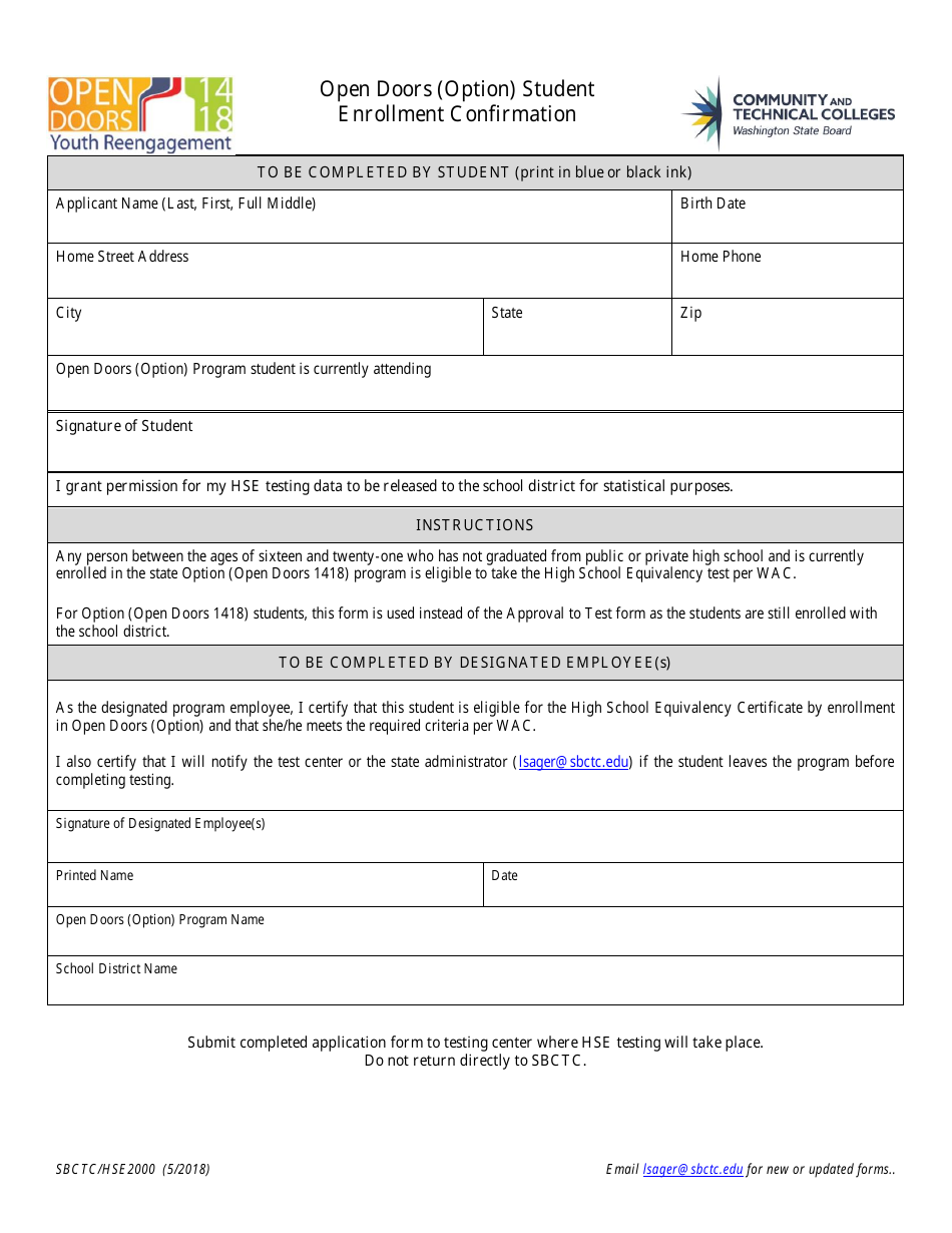Form SBCTC / HSE2000 Open Doors (Option) Student Enrollment Confirmation - Washington, Page 1