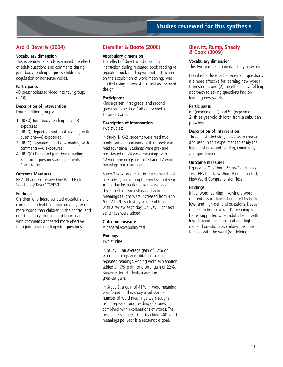A Review of the Current Research on Vocabulary Instruction: a Research Synthesis 2010 - National Reading Technical Assistance Center, Page 17