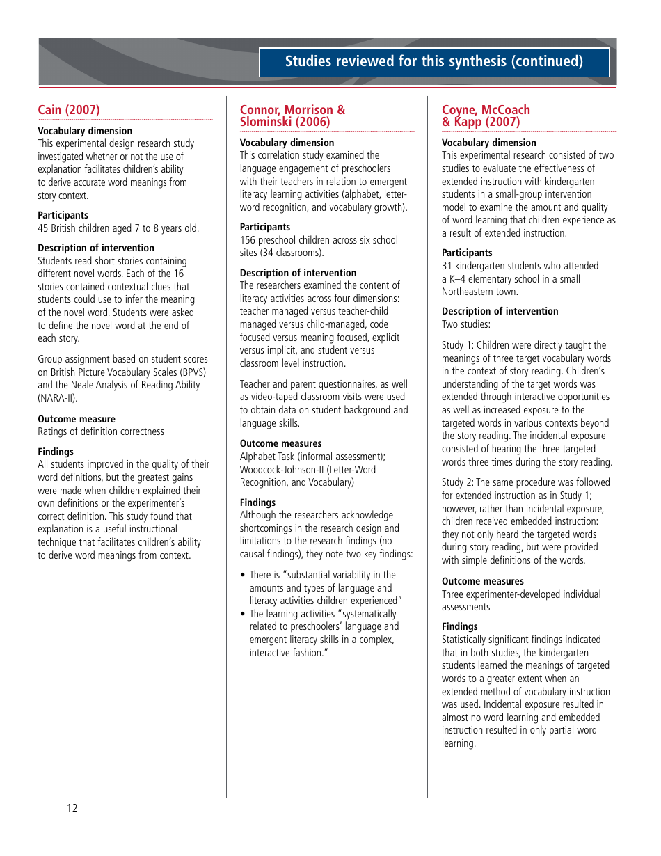 A Review of the Current Research on Vocabulary Instruction: a Research Synthesis 2010 - National Reading Technical Assistance Center, Page 18