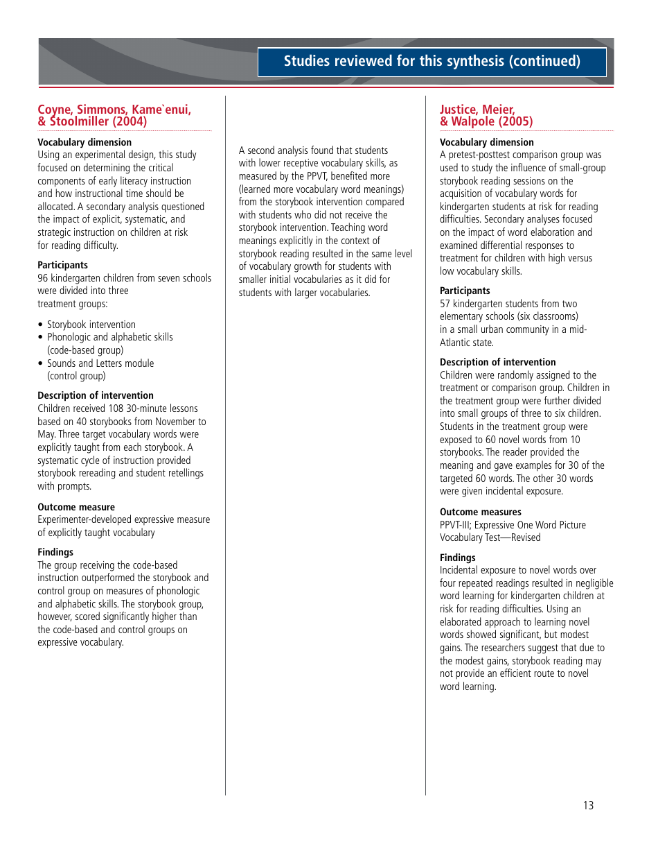 A Review of the Current Research on Vocabulary Instruction: a Research Synthesis 2010 - National Reading Technical Assistance Center, Page 19