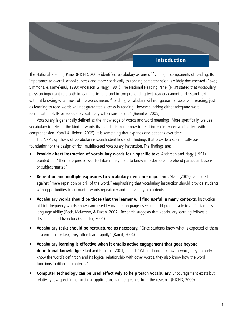 A Review of the Current Research on Vocabulary Instruction: a Research Synthesis 2010 - National Reading Technical Assistance Center, Page 7