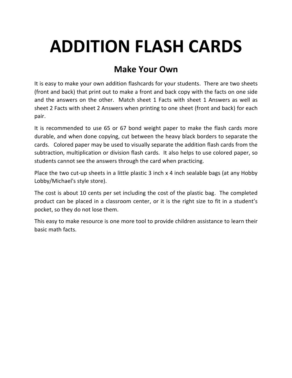 Addition Math Flashcards - Make Your Own, Page 1