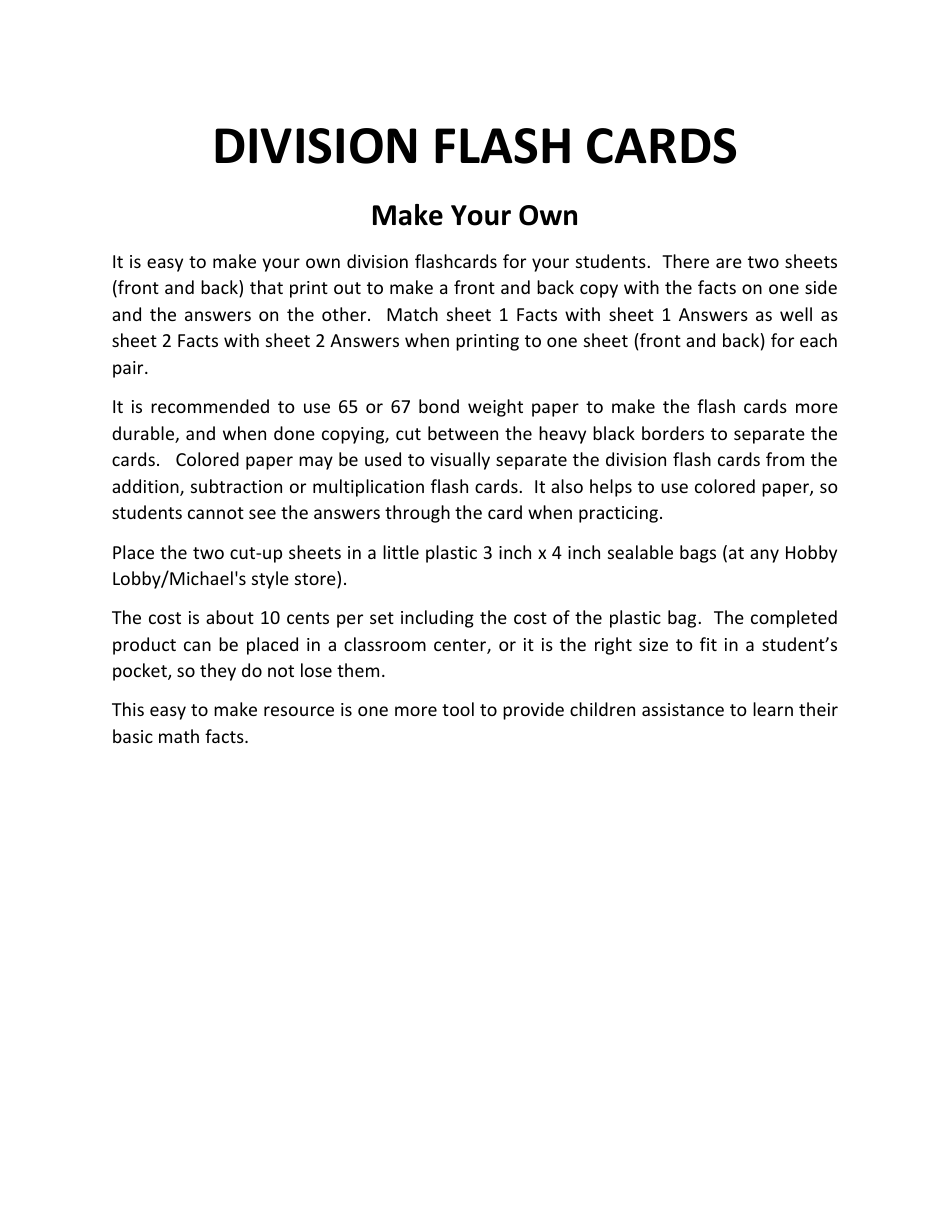 Division Math Flash Cards, Page 1