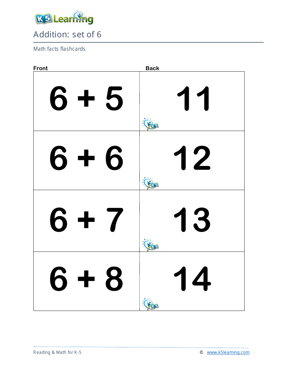 Math Facts Flashcards - Addition - Set of 0-12, Page 20