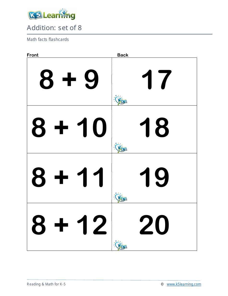 Math Facts Flashcards - Addition - Set of 0-12, Page 27