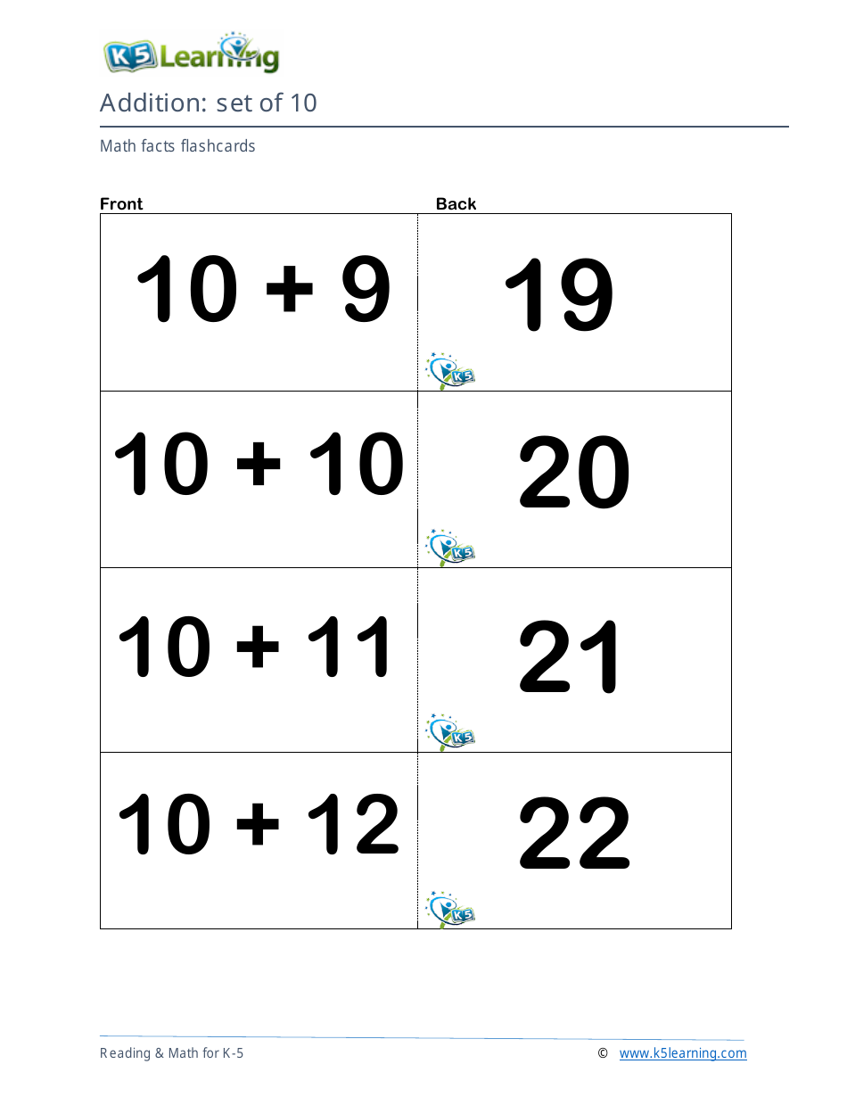 Math Facts Flashcards - Addition - Set of 0-12, Page 33