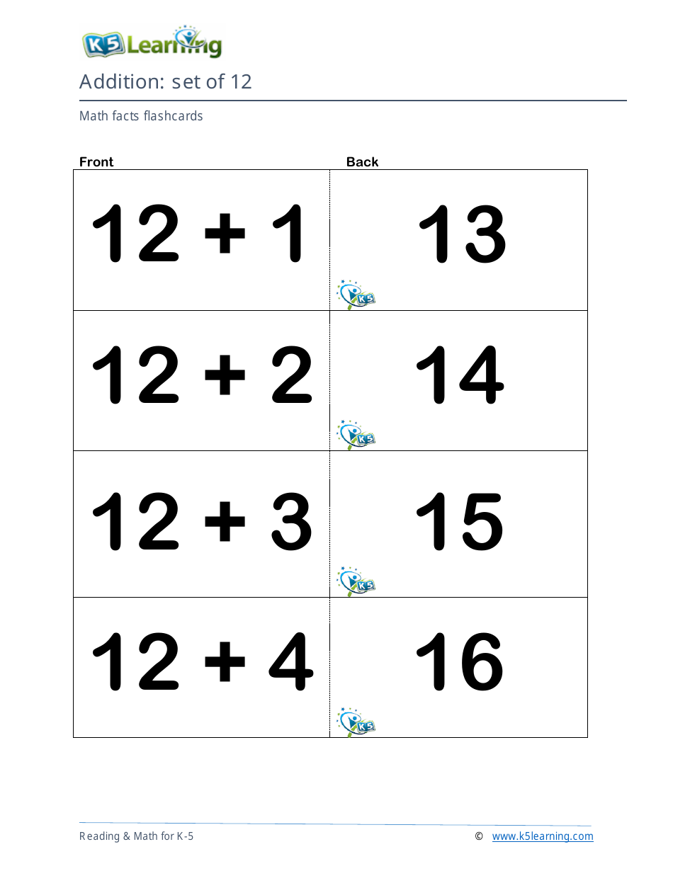 Math Facts Flashcards - Addition - Set of 0-12, Page 37