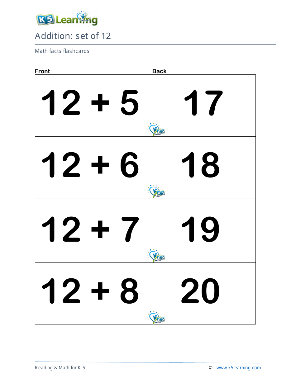 Math Facts Flashcards - Addition - Set of 0-12, Page 38