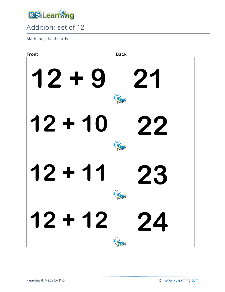 Math Facts Flashcards - Addition - Set of 0-12, Page 39