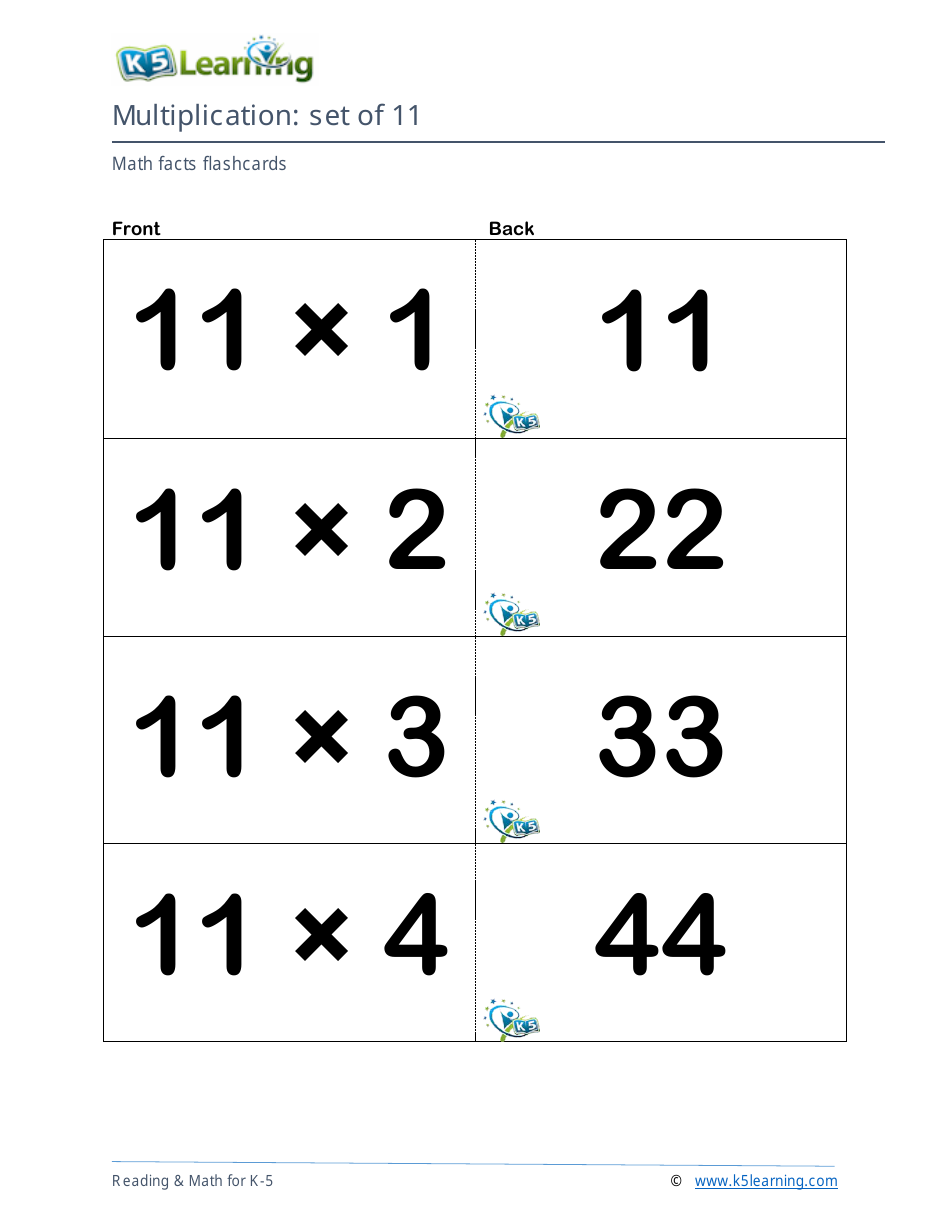 Math Facts Flashcards - Multiplication - Set of 11, 12, Page 1
