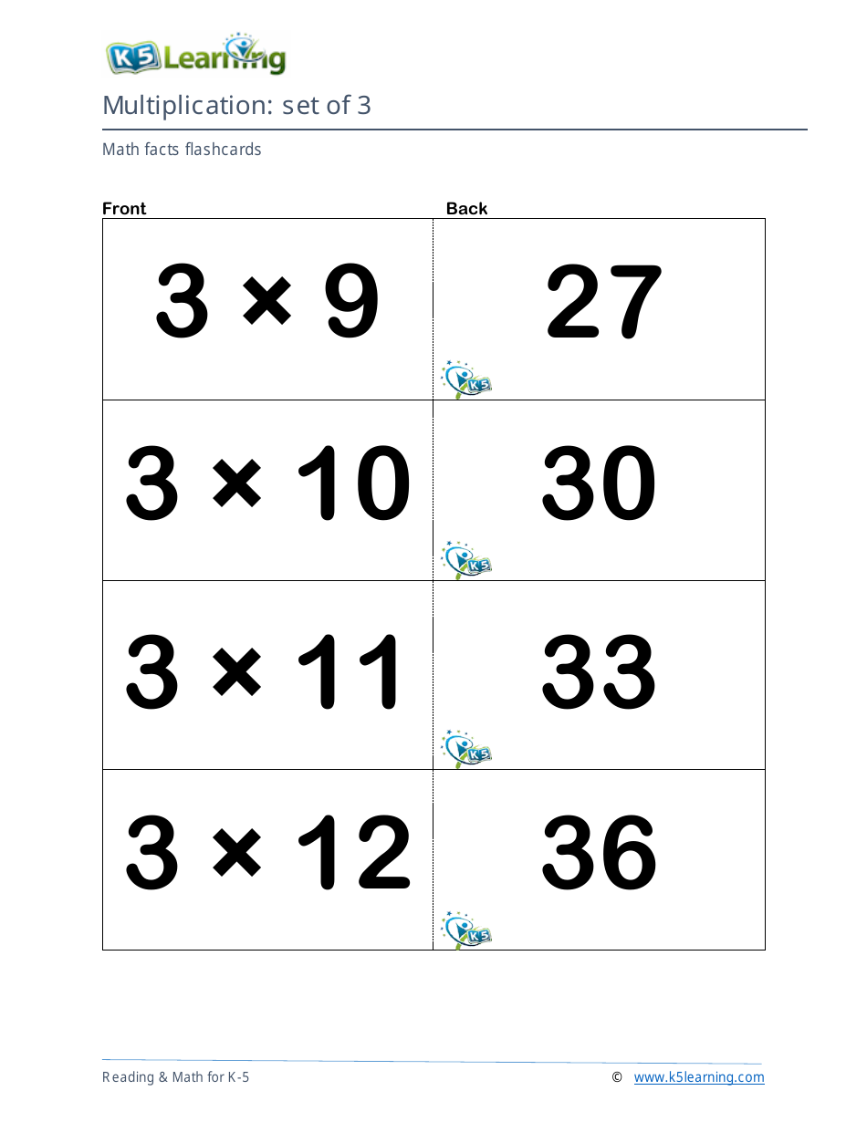 Math Facts Flashcards - Multiplication - Set of 3-5, Page 3