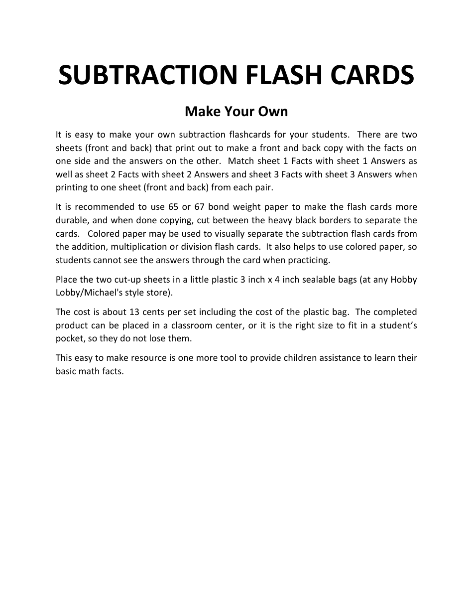 Subtraction Flash Cards, Page 1