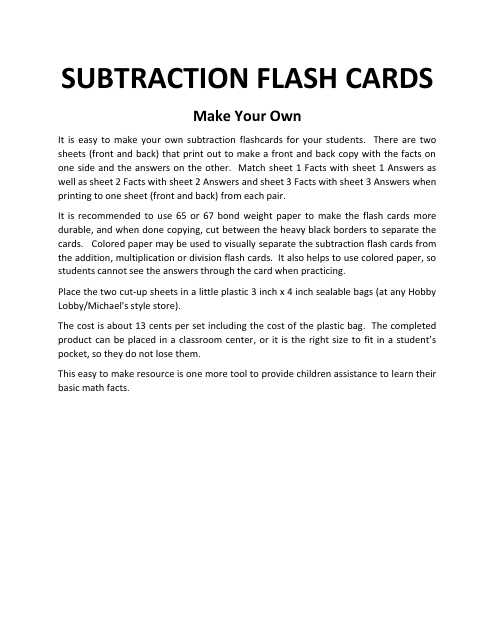 Subtraction Flash Cards Download Pdf