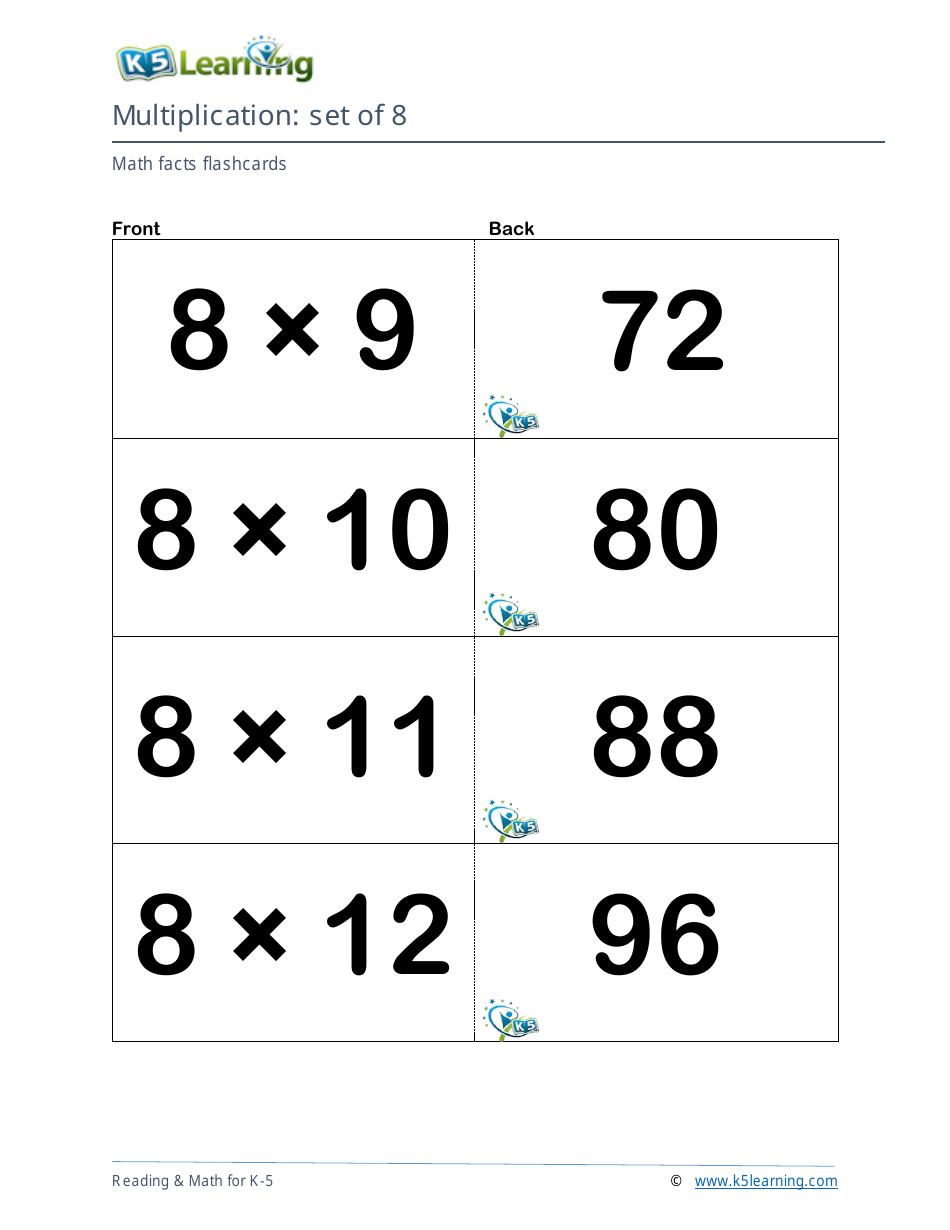 Math Facts Flashcards - Multiplication - Set of 6-8, Page 9