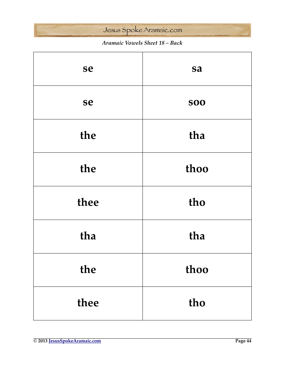 Aramaic Alphabet and Aramaic Vowel Flashcards, Page 44
