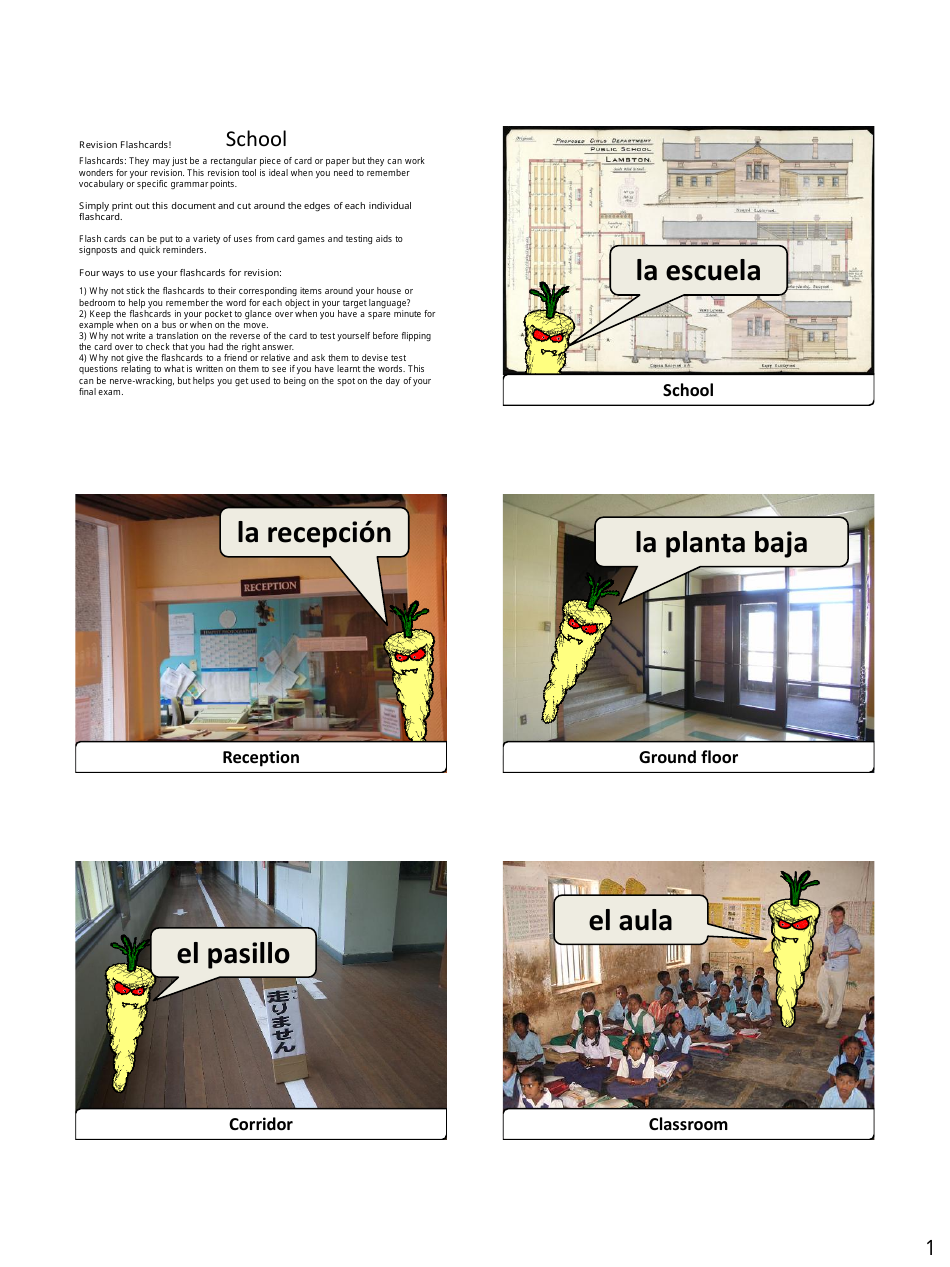 Spanish Vocab Revision Flashcards - School, Page 1