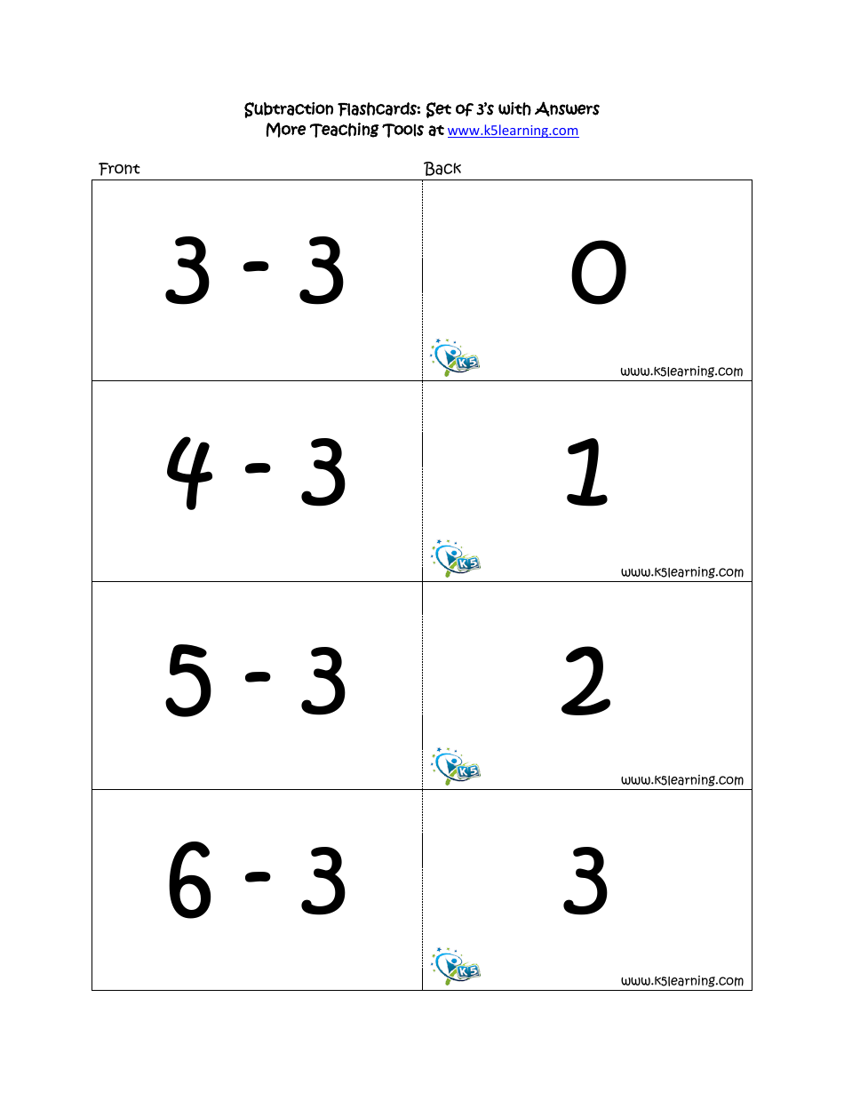 Subtraction Math Flashcards With Answers, Page 10