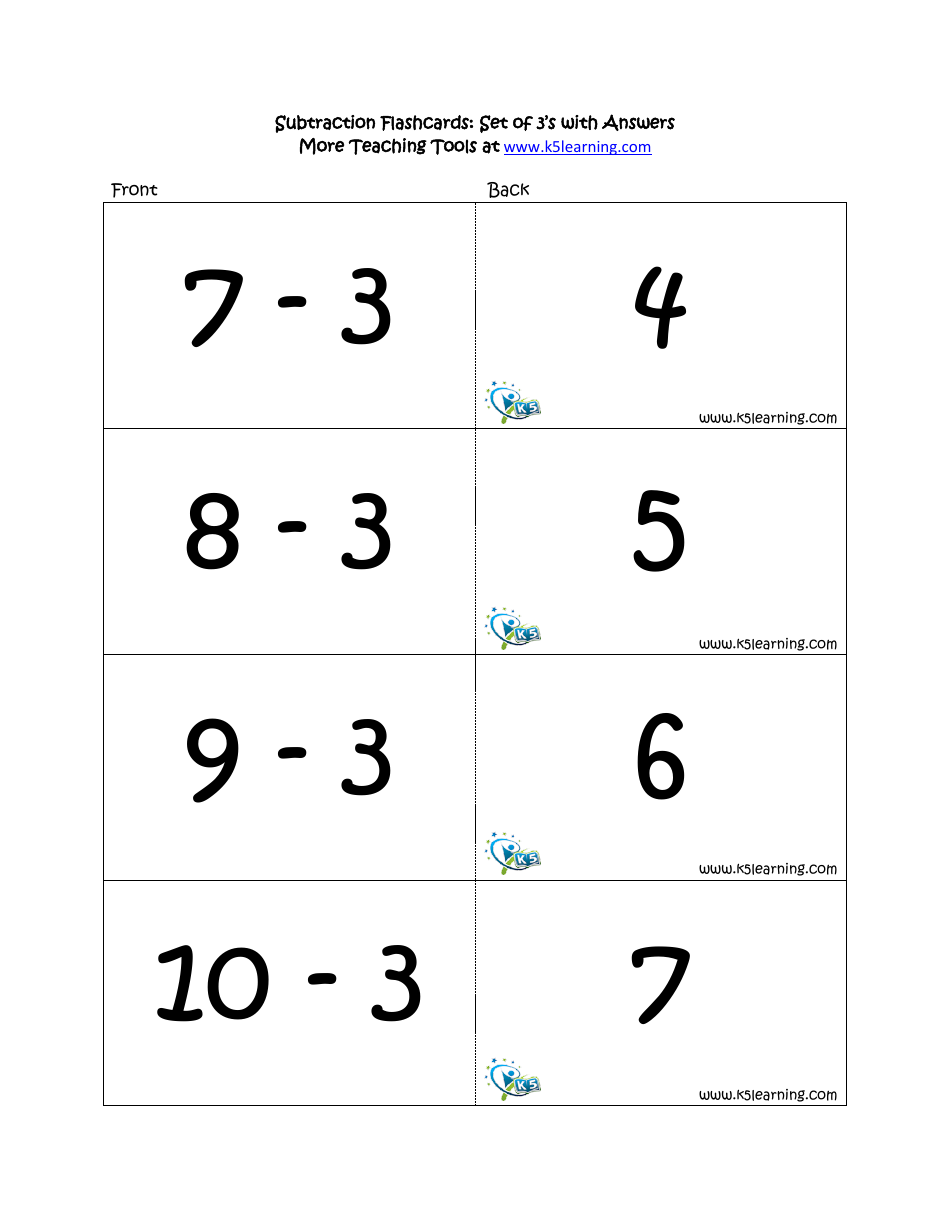 Subtraction Math Flashcards With Answers, Page 11