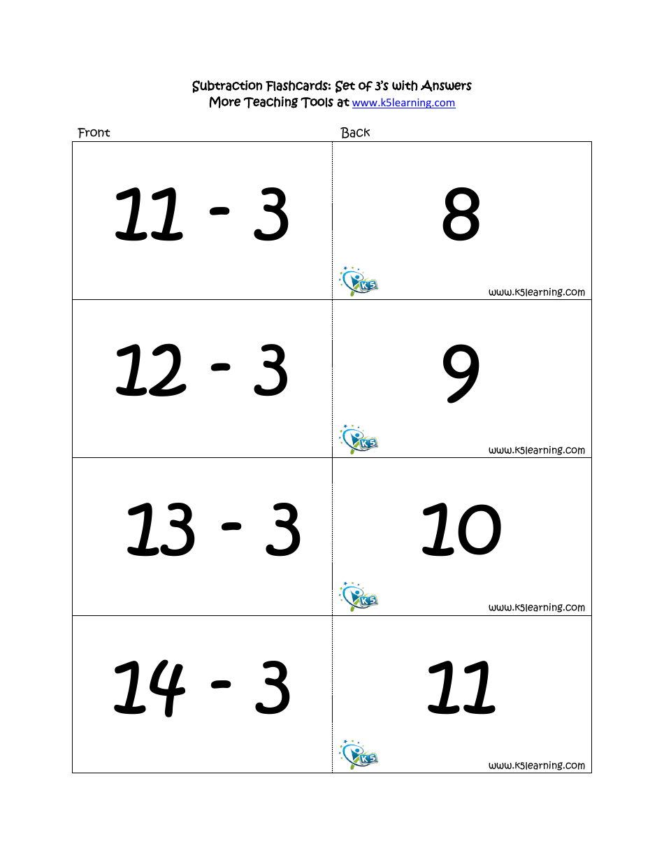 Subtraction Math Flashcards With Answers, Page 12
