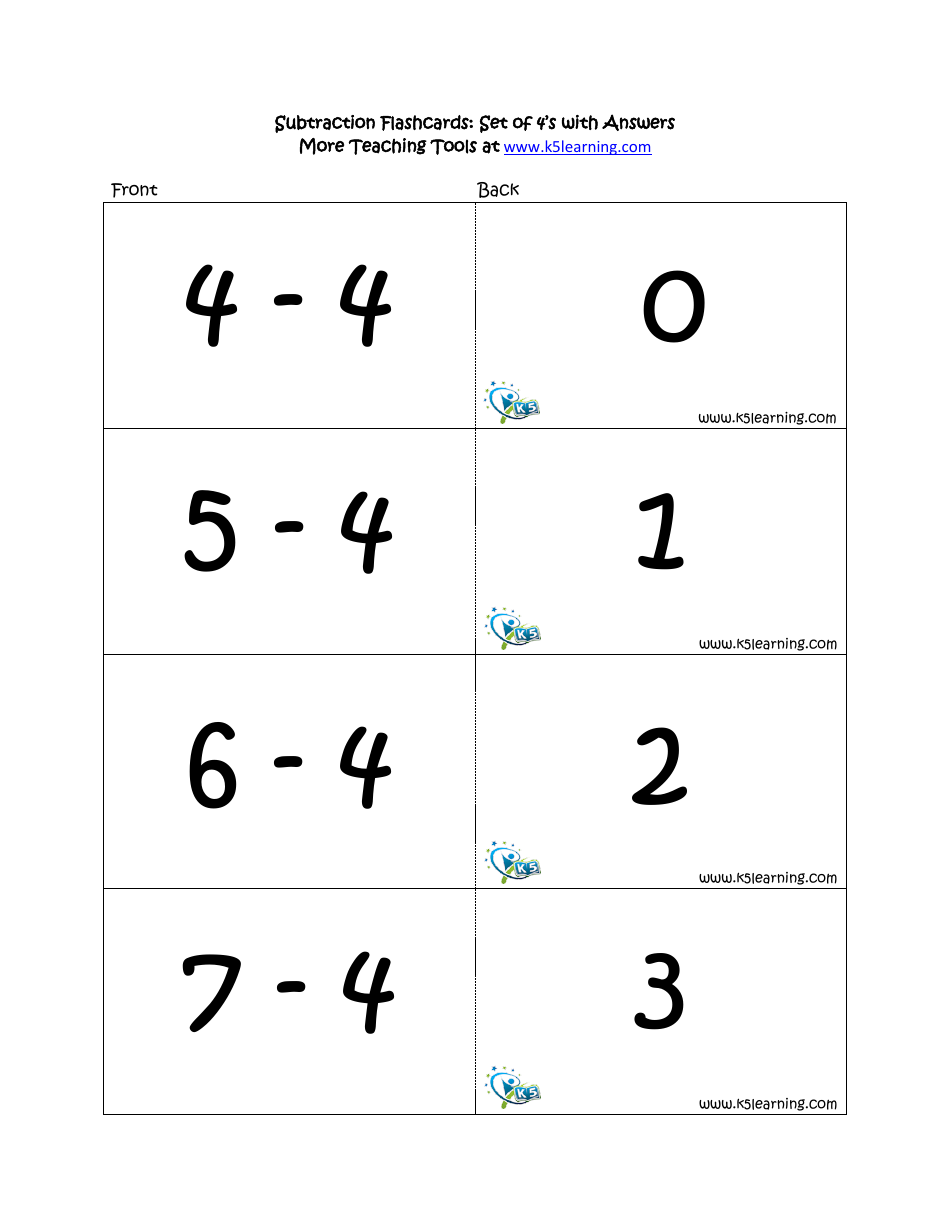 Subtraction Math Flashcards With Answers, Page 13