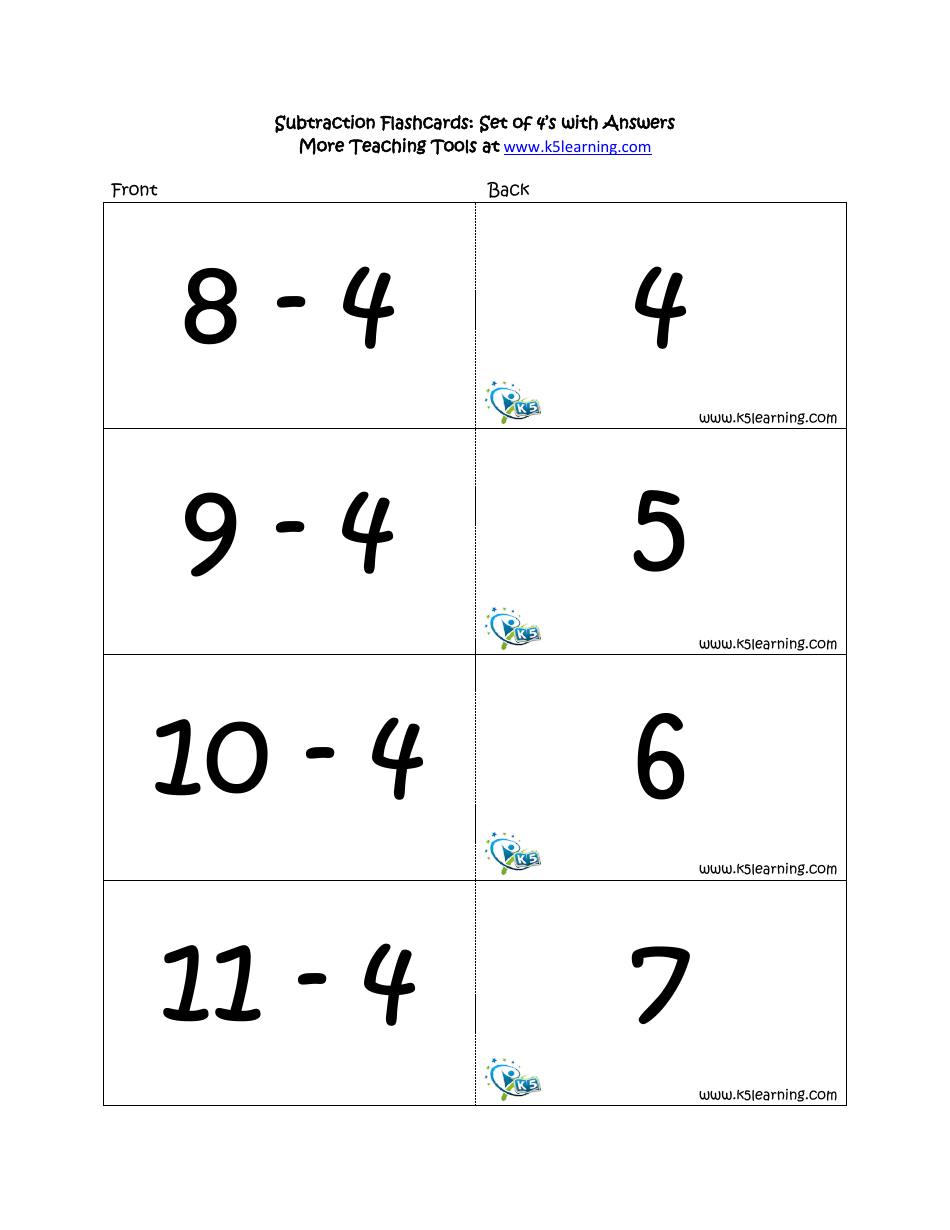 Subtraction Math Flashcards With Answers, Page 14