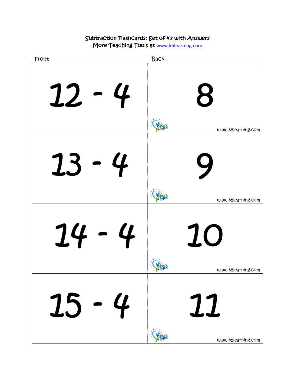 Subtraction Math Flashcards With Answers, Page 15