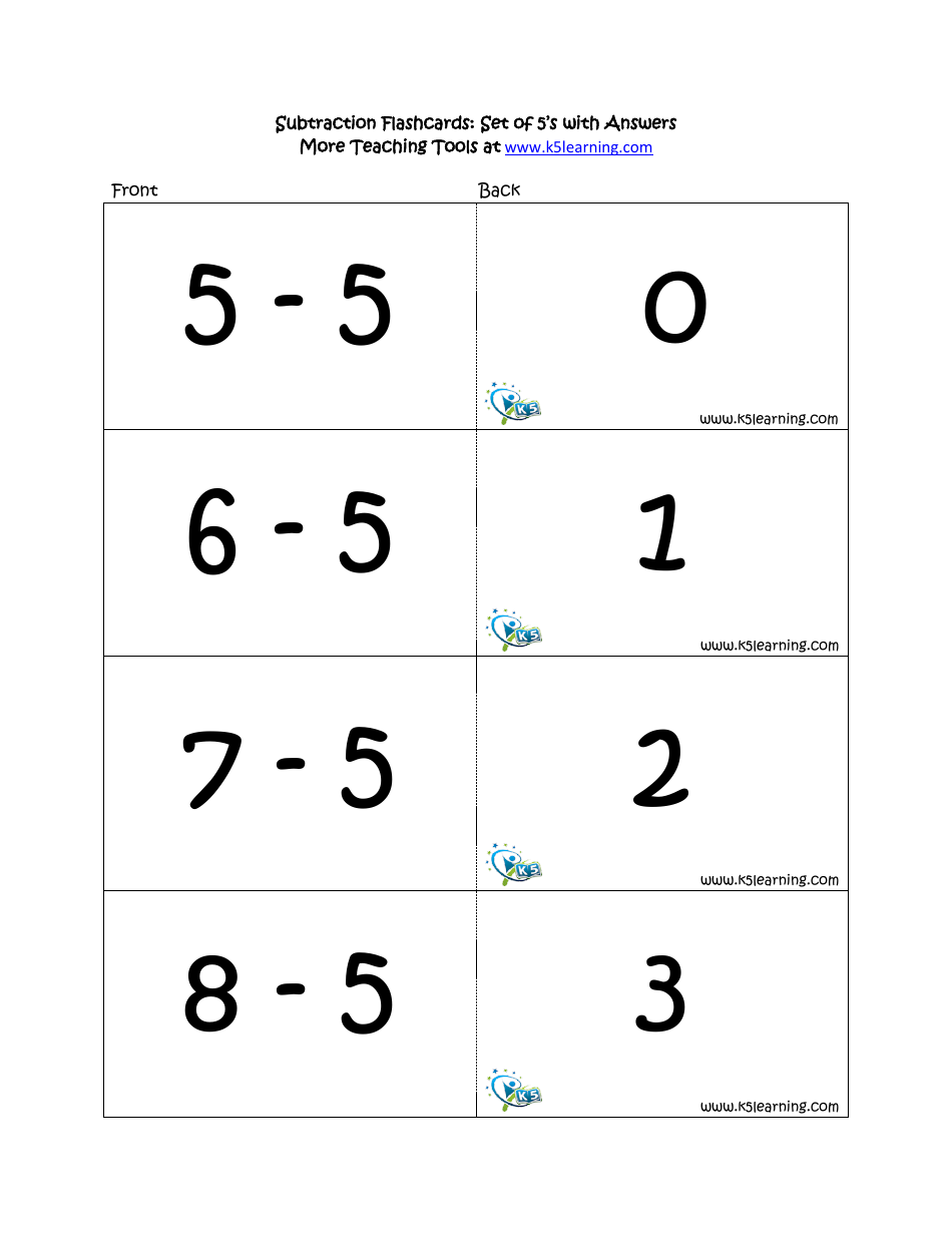 Subtraction Math Flashcards With Answers, Page 16