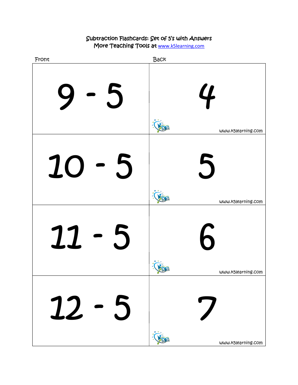 Subtraction Math Flashcards With Answers, Page 17