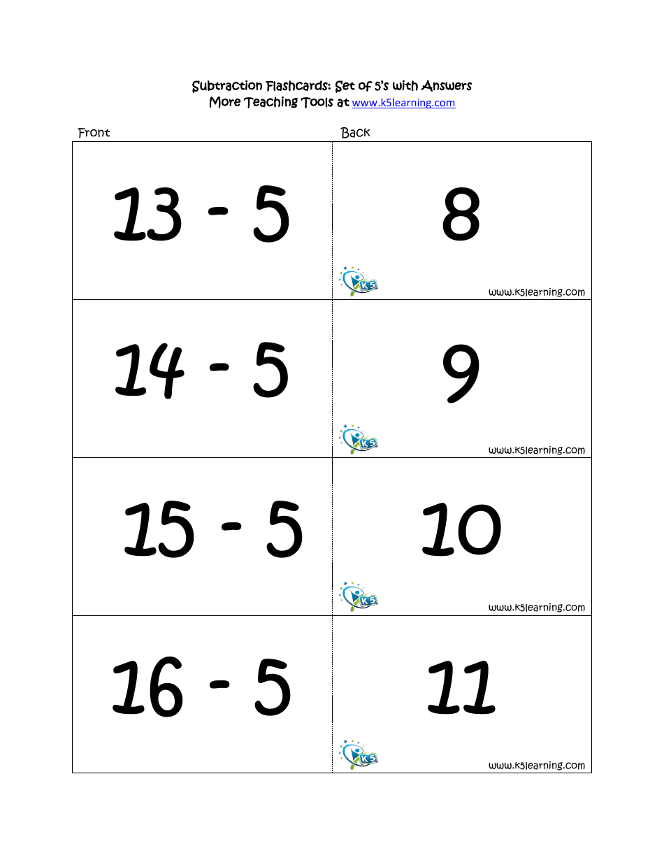 Subtraction Math Flashcards With Answers, Page 18