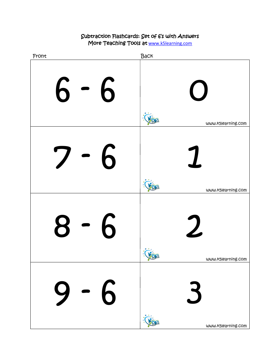 Subtraction Math Flashcards With Answers, Page 19
