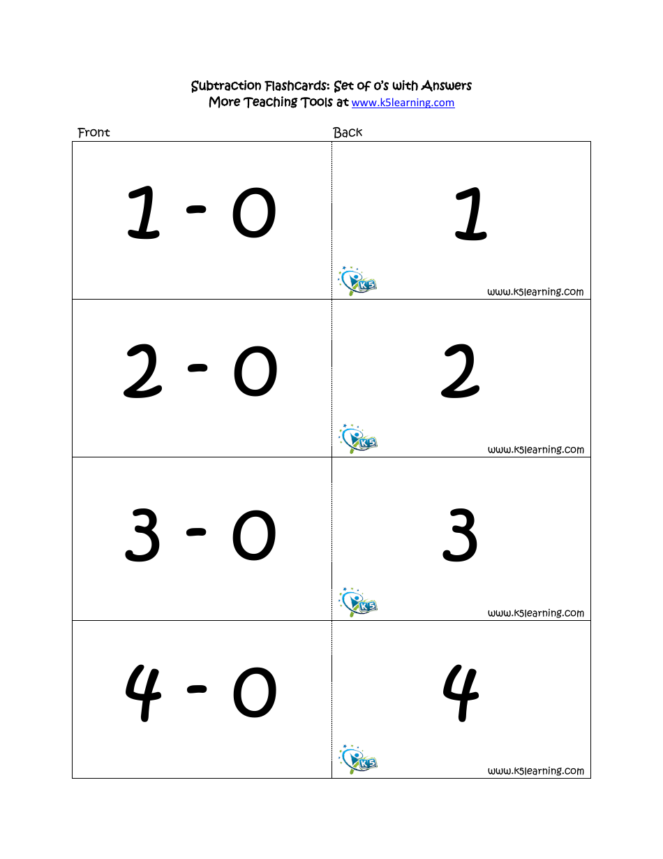 Subtraction Math Flashcards With Answers, Page 1
