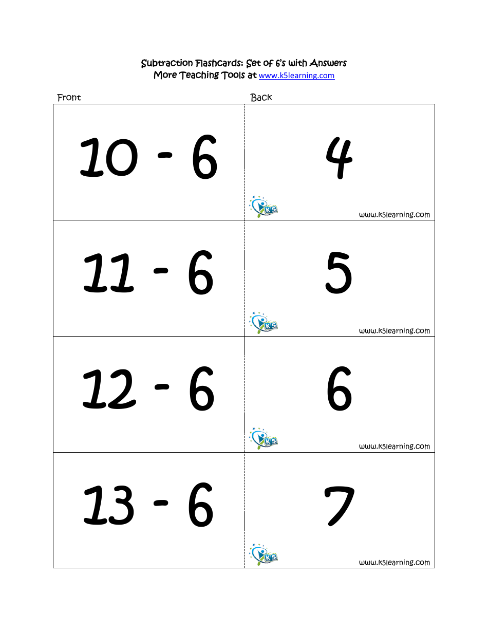 Subtraction Math Flashcards With Answers, Page 20